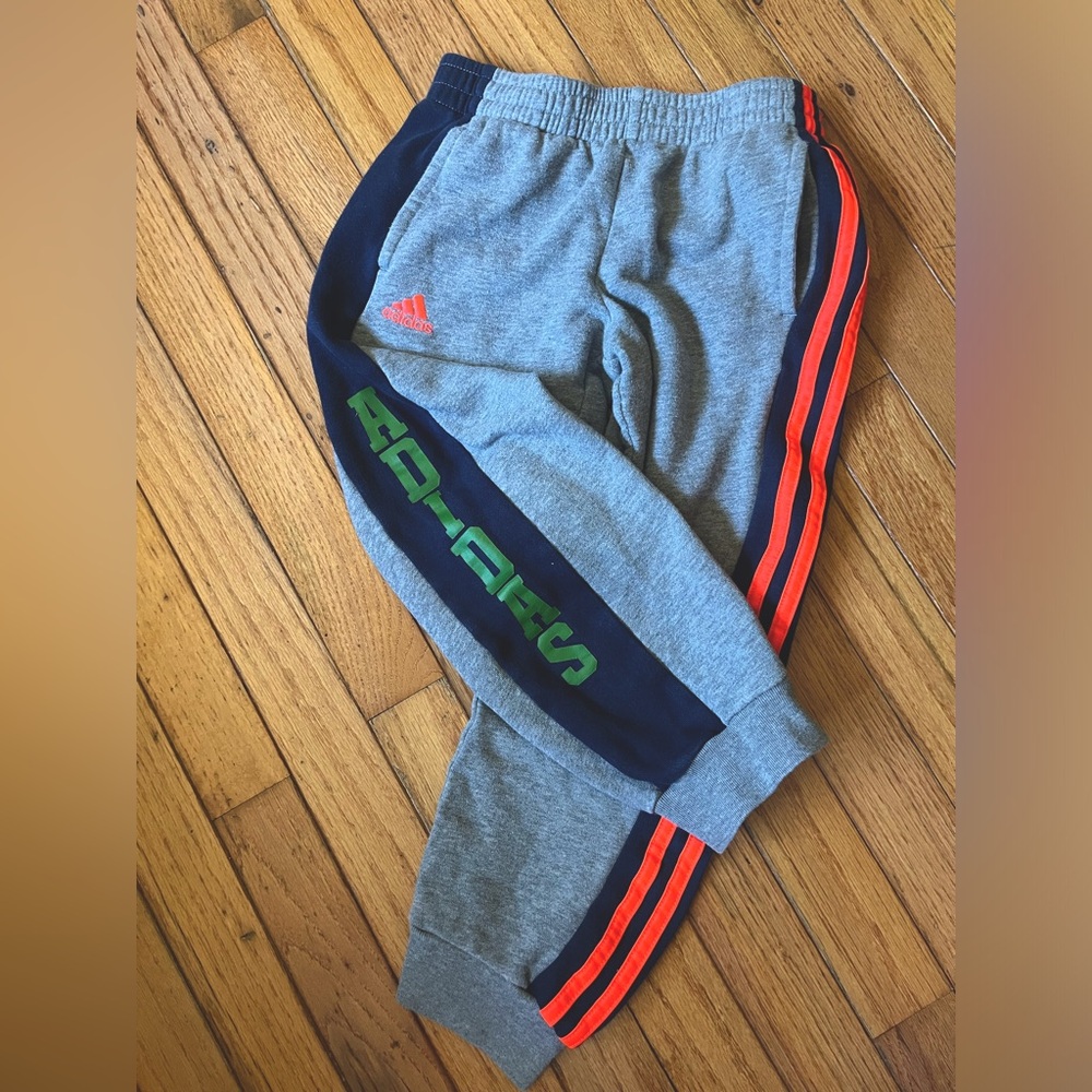 Adidas Kids' Grey Sweatpants Boy Sz 7 Orange Stripes Athletic Joggers w/ Pockets